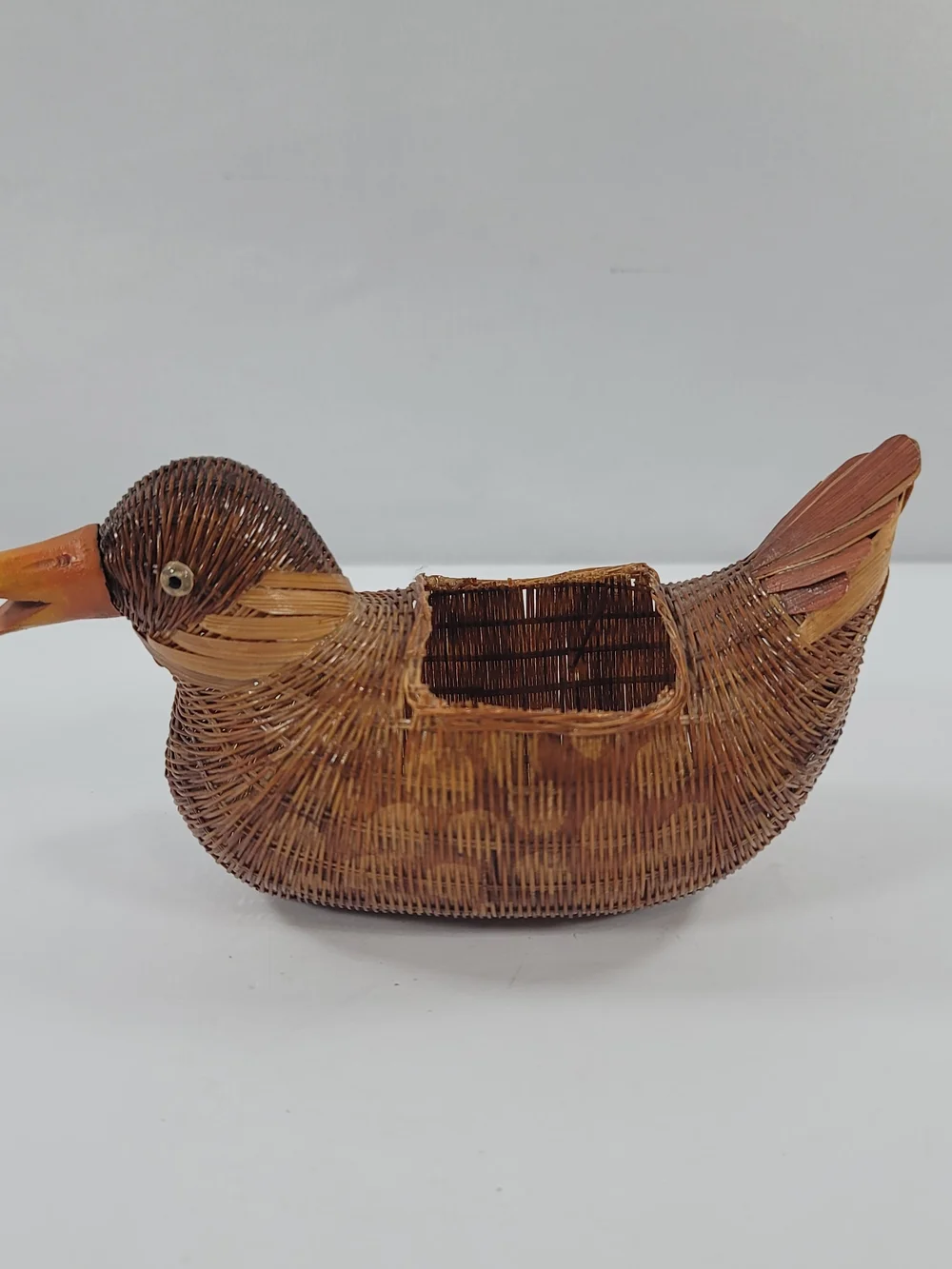 Vintage Wicker Duck Basket Carved Bill